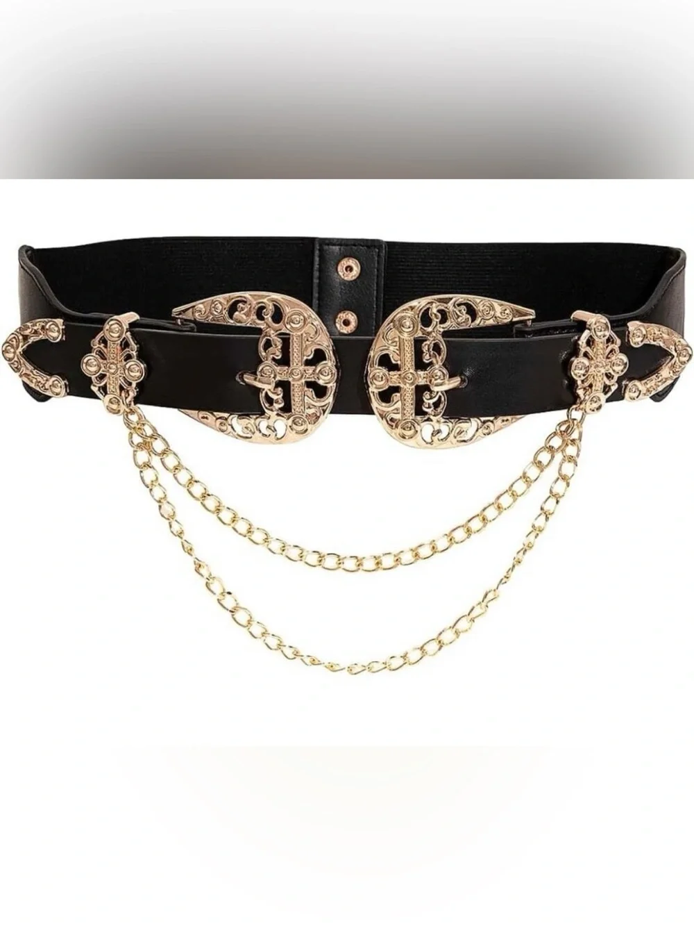 NEW Pebby Forevee Black Leather Belt with Gold Double Buckle & Chains OS Western